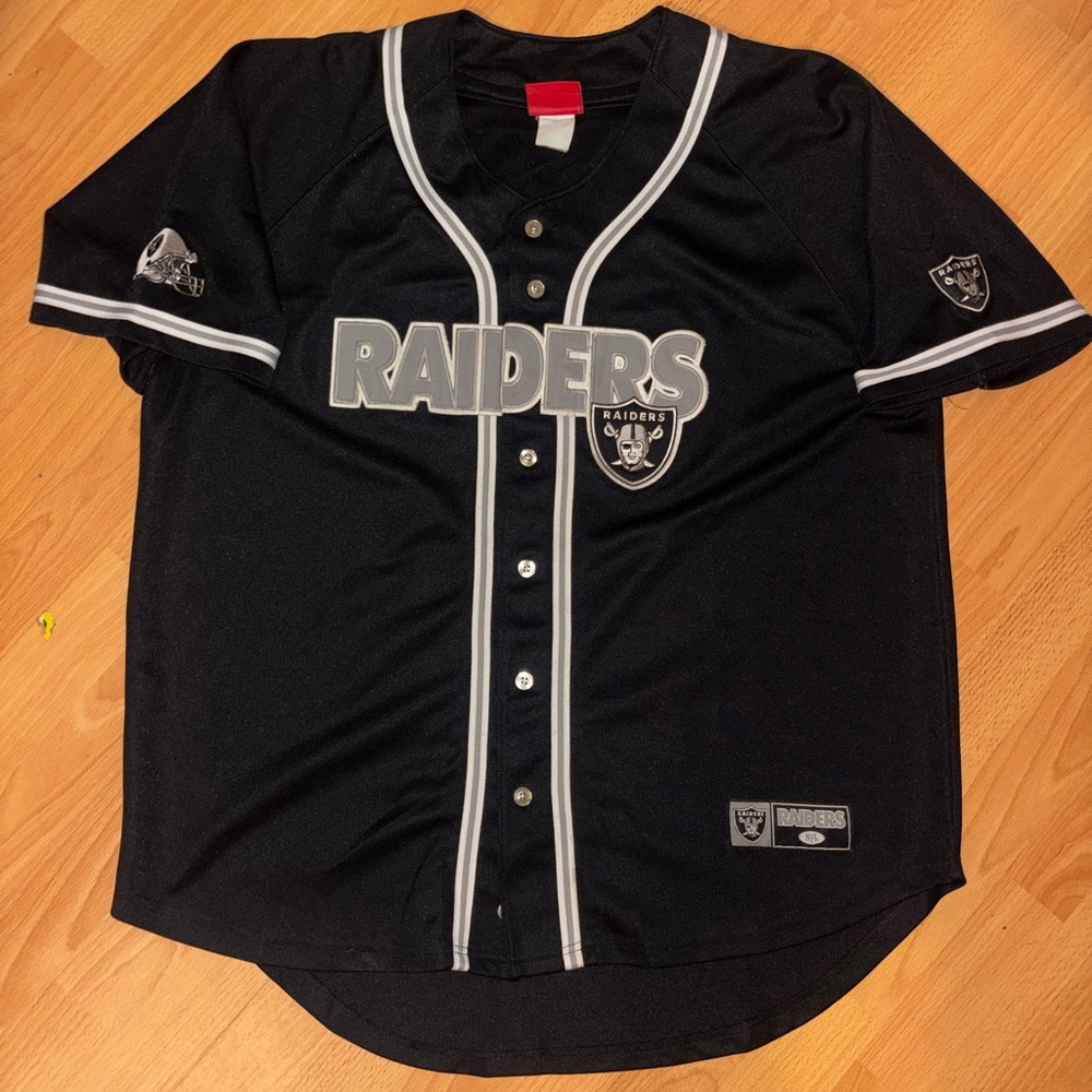 NFL Oakland Raiders Black Button-Up Baseball Jersey Size XL Y2K